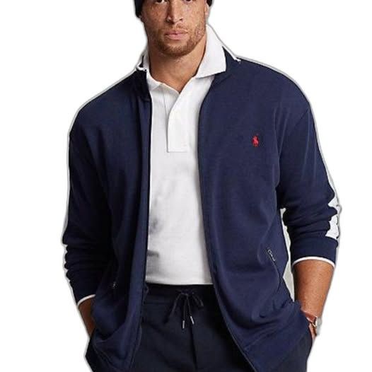 Polo By Ralph Lauren Navy Zip-Up Track Sweater With White Shoulder Panels 4xb